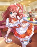  ;d anna_miller bad_id bad_pixiv_id blue_eyes breasts brown_hair chaki-yam cleavage food latte_art medium_breasts omurice one_eye_closed open_mouth orange_skirt original side_ponytail skirt smile solo table thighhighs waitress white_legwear 