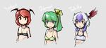  :d alternate_costume alternate_hair_length alternate_hairstyle bat_wings bikini blue_eyes blush bow breasts character_name cleavage collarbone daiyousei feathers flat_chest green_hair grey_background hair_bow head_wings horns koakuma light_smile looking_at_another looking_at_viewer multicolored_hair multiple_girls o-ring o-ring_top open_mouth purple_hair red_eyes red_hair red_wings short_hair side_ponytail sidelocks simple_background single_head_wing single_wing smile sports_bra swimsuit tokiko_(touhou) touhou tren two-tone_hair white_hair wings 