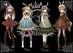  animal_ears bangs beret black_background blonde_hair blunt_bangs boots bow bowtie bunny_ears buttons capelet character_name cross-laced_footwear dress frilled_skirt frills full_body green_bow green_hair green_neckwear hair_ribbon hand_on_own_chest hat headdress high_heels lolita_fashion maid_headdress multiple_girls original pigeon-toed pink_hair plaid ribbon rokuri-eva shoelaces skirt smile standing thigh_boots thighhighs underbust zettai_ryouiki 