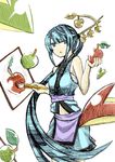  absurdres apple bad_id bad_pixiv_id blue_eyes blue_hair colored_eyelashes food fruit green_apple hair_ornament hair_stick highres holding holding_food holding_fruit leaf long_hair matsukei paintbrush painting pixiv pixiv-tan ponytail red_apple sarashi skirt solo very_long_hair vest 