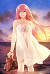  akatsuki_(4941086) bad_id bad_pixiv_id blue_eyes bracelet dress holding holding_shoes jewelry long_hair megurine_luka pink_hair shoes vocaloid wading white_dress 