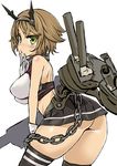  arched_back asanagi ass black_legwear blush brown_hair cannon flat_ass gloves green_eyes hand_to_own_mouth headgear hips kantai_collection leaning_forward looking_at_viewer miniskirt mutsu_(kantai_collection) short_hair sketch skirt solo thighhighs thighs turret white_gloves 