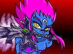  blue_skin evelynn league_of_legends mouth_hold purple_hair sweat sweaty sword weapon yellow_eyes 