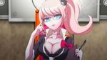  animated animated_gif blonde_hair bow breasts cleavage danganronpa enoshima_junko glasses nail_polish 