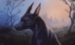  2019 aurru black_fur black_lips black_nose brown_eyes canid canine canis detailed_background digital_media_(artwork) domestic_dog feral fur grass mammal solo tree 