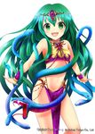  :d :o :p animal bandeau blush circlet collarbone gorgon green_eyes green_hair jewelry loincloth long_hair looking_at_viewer medusa_(shinkai_no_valkyrie) navel official_art open_mouth shinkai_no_valkyrie smile snake solo standing tareme tongue tongue_out yoshino35 