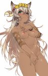  1girl animal_ears arm_strap bangs blush bracelet breasts cat_ears commentary_request covering covering_crotch dark_skin erune eyebrows_visible_through_hair flower from_below granblue_fantasy green_eyes grey_hair hair_flower hair_ornament jewelry kochiya_(gothope) long_hair medium_breasts navel nemone nipples nude simple_background smile solo standing 
