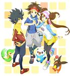  2boys bad_id bad_pixiv_id bag black_hair black_legwear blue_eyes brown_eyes brown_hair double_bun fingerless_gloves gen_5_pokemon gloves hat highres hue_(pokemon) jacket kasuminchi kyouhei_(pokemon) long_hair mei_(pokemon) messenger_bag multiple_boys open_mouth oshawott pantyhose pokemon pokemon_(creature) pokemon_(game) pokemon_bw2 raglan_sleeves short_hair shorts shoulder_bag smile snivy spiked_hair tepig twintails visor_cap 