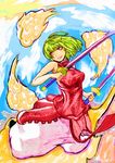  armpits bad_id bad_pixiv_id baggy_pants bare_shoulders breasts chinese_clothes cloud dual_wielding flying flying_nimbus green_hair grin highres holding katana large_breasts lips matsukei original pants red_eyes sky smile sword weapon whorled_clouds yin_yang 