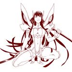  breasts cleavage cleavage_cutout frown junketsu kill_la_kill kiryuuin_satsuki large_breasts lineart long_hair monochrome moru_moru_moru navel revealing_clothes simple_background solo squatting sword weapon white_background 