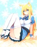  alternate_costume animal_ear_fluff animal_ears arm_support bad_id bad_pixiv_id blonde_hair blue_background blue_eyes bow breasts folded fox_ears fox_tail futaba_aoi impossible_clothes large_breasts legs_together long_hair looking_at_viewer naomi_(sekai_no_hate_no_kissaten) original puffy_sleeves sandals sitting skirt smile solo tail thighhighs thighs 