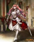  armor armored_dress cape crown dress gauntlets greaves long_hair pink_eyes pink_hair princess_(shikkoku_no_regalia) shikkoku_no_regalia solo sword weapon weed_(astarone) 