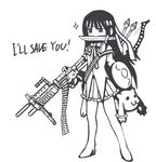  akemi_homura ammunition_belt bow_(weapon) explosive grenade greyscale gun headband kiarino knife kyubey machine_gun mahou_shoujo_madoka_magica monochrome mouth_hold rambo skirt weapon 