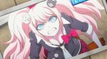  angry animated animated_gif blonde_hair blue_eyes bow breasts cleavage danganronpa enoshima_junko necktie tie 