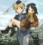  animal_ears black_eyes black_hair blonde_hair blurry blush bomber_jacket boots brave_witches brown_eyes carrying depth_of_field fang fire flying garrison_cap gloves graphite_(medium) hat hinokore injury jacket kanno_naoe looking_at_another military military_uniform mixed_media mountain multiple_girls nikka_edvardine_katajainen pantyhose princess_carry scarf shimohara_sadako short_hair silhouette silhouette_demon smile smoke striker_unit tail torn_clothes torn_legwear traditional_media tree uniform waltrud_krupinski world_witches_series yuri 