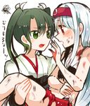  :d carrying green_eyes green_hair itomugi-kun japanese_clothes kantai_collection long_hair multiple_girls muneate open_mouth pleated_skirt princess_carry ribbon shoukaku_(kantai_collection) silver_hair skirt smile translated twintails very_long_hair white_background zuikaku_(kantai_collection) 