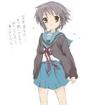  bad_id bad_pixiv_id brown_eyes cardigan core_(mayomayo) grey_hair kita_high_school_uniform nagato_yuki school_uniform serafuku short_hair solo standing suzumiya_haruhi_no_yuuutsu translated 