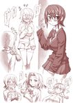  3girls :&lt; ? @_@ bespectacled blush braid breast_hold breasts eyebrows eyewear_removed fang female_admiral_(kantai_collection) glasses kantai_collection large_breasts military military_uniform monochrome multiple_girls naval_uniform necktie neriwasabi no_eyepatch no_headwear opaque_glasses open_mouth short_hair sleeves_past_wrists sweatdrop sweater tatsuta_(kantai_collection) tenryuu_(kantai_collection) thighhighs translated twin_braids uniform wavy_mouth 