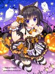  2013 :3 :d ameto_yuki animal_ear_fluff animal_ears anzu_cocoa arm_garter artist_name bare_shoulders black_hair blush breasts cat_ears cat_tail cleavage detached_collar ghost halloween jack-o'-lantern kneeling large_breasts long_hair looking_at_viewer nail_polish open_mouth orange_nails original paw_pose skirt smile solo star striped striped_legwear tail thighhighs trick_or_treat wrist_cuffs 