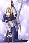  akashiro_sen armor blonde_hair braid dress fate/apocrypha fate_(series) flag gauntlets headpiece jeanne_d'arc_(fate) jeanne_d'arc_(fate)_(all) long_hair single_braid solo thighhighs 