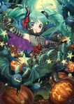  bad_id bad_pixiv_id bat cape elbow_gloves full_moon gloves green_eyes green_hair halloween hatsune_miku jack-o'-lantern long_hair moon na222222 necktie night open_mouth outstretched_arms pantyhose skirt solo spread_arms star striped striped_gloves twintails very_long_hair vocaloid 