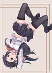  black_hair black_legwear blue_eyes blush hair_ornament impossible_clothes loafers long_hair navel open_mouth original ray-akila ray_littlechamber shoes simple_background skirt solo thighhighs upside-down vest 