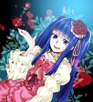  absurdres bad_id bad_pixiv_id bangs blood blood_stain blue_eyes blue_hair blunt_bangs bow choker dress dutch_angle flower frills furudo_erika hair_flower hair_ornament highres ohagi_(ymnky) open_mouth pink_bow smile source_quote translated twintails umineko_no_naku_koro_ni 