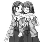  :d ^_^ ^o^ black_hair blazer blush cardigan closed_eyes greyscale hachiko_(hati12) jacket long_hair long_sleeves monochrome multiple_girls neckerchief open_blazer open_cardigan open_clothes open_jacket open_mouth original pleated_skirt scarf school_uniform serafuku shared_scarf skirt smile yuri 