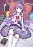  alternate_costume bed blush book book_stack crescent crescent_hair_ornament gurasion_(gurasion) hair_ornament hair_ribbon hairband long_hair looking_at_viewer lying no_hat no_headwear on_back open_mouth patchouli_knowledge pillow purple_eyes purple_hair ribbon skirt solo thighhighs touhou white_legwear wrist_cuffs 
