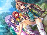  3girls ^_^ bachou breasts brown_hair dress eyes_closed female game_cg happy injury jewelry katagiri_hinata koihime_musou kouchuu large_breasts long_hair multiple_girls ponytail rinrin wince 