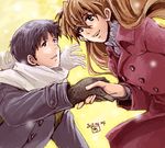  1girl amelie black_hair blue_eyes brown_hair grey_eyes ikari_shinji jacket long_hair mittens neon_genesis_evangelion open_mouth scarf smile souryuu_asuka_langley spoilers 