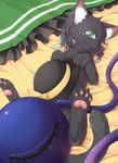  animalization black_cat cat green_eyes hat hopeless_masquerade komeiji_koishi komeiji_koishi_(cat) lying oinari_sanda on_back skirt smile solo third_eye touhou 