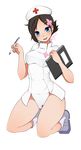  bad_id bad_pixiv_id blue_eyes boots brown_hair flower full_body hair_flower hair_ornament hairclip hat kinakomoti looking_at_viewer nurse nurse_cap short_hair simple_background smile solo thighs v_juri_f white_background yozakura_quartet 