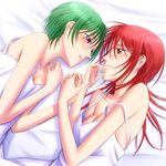  bed blush bonnie_(rsg) fuyuumi_shoko green_hair hino_kahoko interlocked_fingers la_corda_d'oro multiple_girls nightgown purple_eyes red_hair short_hair yellow_eyes yuri 