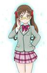  bakusai blazer bow brown_eyes brown_hair glasses hand_on_hip jacket long_hair plaid plaid_skirt precure precure_all_stars_new_stage:_mirai_no_tomodachi sakagami_ayumi school_uniform skirt smile solo twintails yellow-framed_eyewear 