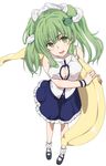  alternate_hairstyle bad_id bad_pixiv_id banana_boat bare_shoulders breast_squeeze breasts cleavage frog_hair_ornament from_above green_eyes green_hair haine hair_ornament highres kochiya_sanae large_breasts snake solo touhou twintails 