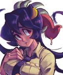  1boy 1girl artist_request black_hair filia_(skullgirls) futakuchi-onna hono1212 looking_back necktie open_mouth parasite prehensile_hair red_eyes saliva samson_(skullgirls) school_uniform shirt_pocket skullgirls teeth tie tongue yellow_eyes 