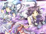  :3 ahoge animal_ears bell cat_ears claws double_bun haku_(p&amp;d) jingle_bell kurone_(p&amp;d) long_hair looking_at_viewer multiple_girls natsume_kei paw_pose puzzle_&amp;_dragons silver_hair yellow_eyes 