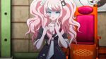  1girl animated animated_gif blonde_hair blue_eyes breasts cleavage danganronpa enoshima_junko nail_polish screencap solo 