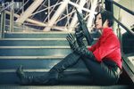  ada_wong ada_wong_(cosplay) black_hair brunette chinese cosplay gun photo resident_evil resident_evil_6 short_hair sitting stairs weapon 