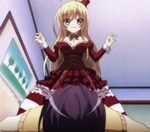  1girl amakusa_kanade blonde_hair blue_eyes breasts chocolat_(noucome) cleavage long_hair ore_no_nounai_sentakushi_ga_gakuen_love-comedy_wo_zenryoku_de_jama_shiteiru screencap thighhighs 