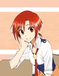  bad_id bad_pixiv_id desk hair_ornament hino_akane_(smile_precure!) nagashii_kouhei nanairogaoka_middle_school_uniform necktie ponytail precure red_eyes red_hair school_uniform short_hair sitting sleeves_rolled_up smile smile_precure! solo 