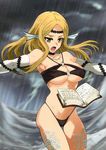  :o absurdres animal_ears armpits bare_shoulders black_bra black_panties blonde_hair book bra breasts choker circlet cleavage cleavage_cutout cloud cloudy_sky cowboy_shot elbow_gloves floating_book floating_hair genkai_tokki_monster_monpiece gloves halterneck head_fins highleg highleg_panties highres hip_bones jewelry large_breasts lightning long_hair motion_blur necklace o-ring o-ring_top official_art open_book open_mouth outstretched_arms panties rain scales scan shouting sidelocks siren_(genkai_tokki_monster_monpiece) sky slender_waist solo spread_arms standing storm string_panties thigh_gap tooth_necklace ueda_yumehito underboob underwear underwear_only white_gloves yellow_eyes 