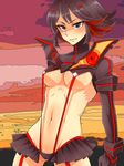  almdudler black_eyes black_hair breasts gloves kill_la_kill matoi_ryuuko medium_breasts multicolored_hair navel red_hair revealing_clothes school_uniform senketsu short_hair skirt solo suspenders two-tone_hair underboob 