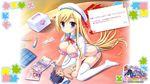  :o blonde_hair blush breasts cleavage digital_thermometer hat highres honoo_no_haramase_ore_no_yome_oppai_nyuusou+ keikouin_yuki large_breasts long_hair looking_at_viewer panties shiny shiny_skin side-tie_panties sitting skindentation stethoscope striped striped_panties syringe underwear wariza yuibi 