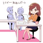  &gt;_&lt; 2boys :&gt; artist_request blouse business_suit closed_eyes colorized commentary cup flat_chest formal full_body higuchi_(trigger) long_sleeves multiple_boys paper pen promotional_art puffy_long_sleeves puffy_sleeves reading shoes simple_background smile suit table tareme translation_request trigger_(company) 