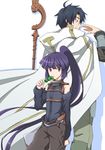  1girl adjusting_eyewear akatsuki_(log_horizon) back-to-back blue_hair cape detached_sleeves eating food glasses height_difference highres ike_masato log_horizon long_hair ponytail purple_eyes purple_hair shiroe short_hair staff 