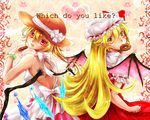  bat_wings blonde_hair cosplay costume_switch crossover doughnut dress flandre_scarlet flandre_scarlet_(cosplay) food golden_chocolate hat long_hair monogatari_(series) mouth_hold multiple_girls oshino_shinobu oshino_shinobu_(cosplay) pon_de_ring red_eyes short_hair side_ponytail soushi_(shio040) sun_hat touhou wings yellow_eyes 