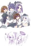  :d akatsuki_(kantai_collection) breasts brown_eyes brown_hair fang hat hibiki_(kantai_collection) ikazuchi_(kantai_collection) inazuma_(kantai_collection) kantai_collection long_hair mechanical_halo medium_breasts multiple_girls open_mouth pleated_skirt purple_eyes purple_hair school_uniform serafuku silver_hair skirt smile soiri_(us) tatsuta_(kantai_collection) tenryuu_(kantai_collection) translated v-shaped_eyebrows wavy_mouth 