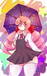  1boy absurdres androgynous blush_stickers bow child crossdressing curly_hair curvy dress hair_bow highres king_stellos_(yellow_kirby) long_hair male male_focus original pink_eyes pink_hair pleated_skirt short_dress skirt solo thick_thighs thighhighs thighs trap umbrella wide_hips yellow_kirby 
